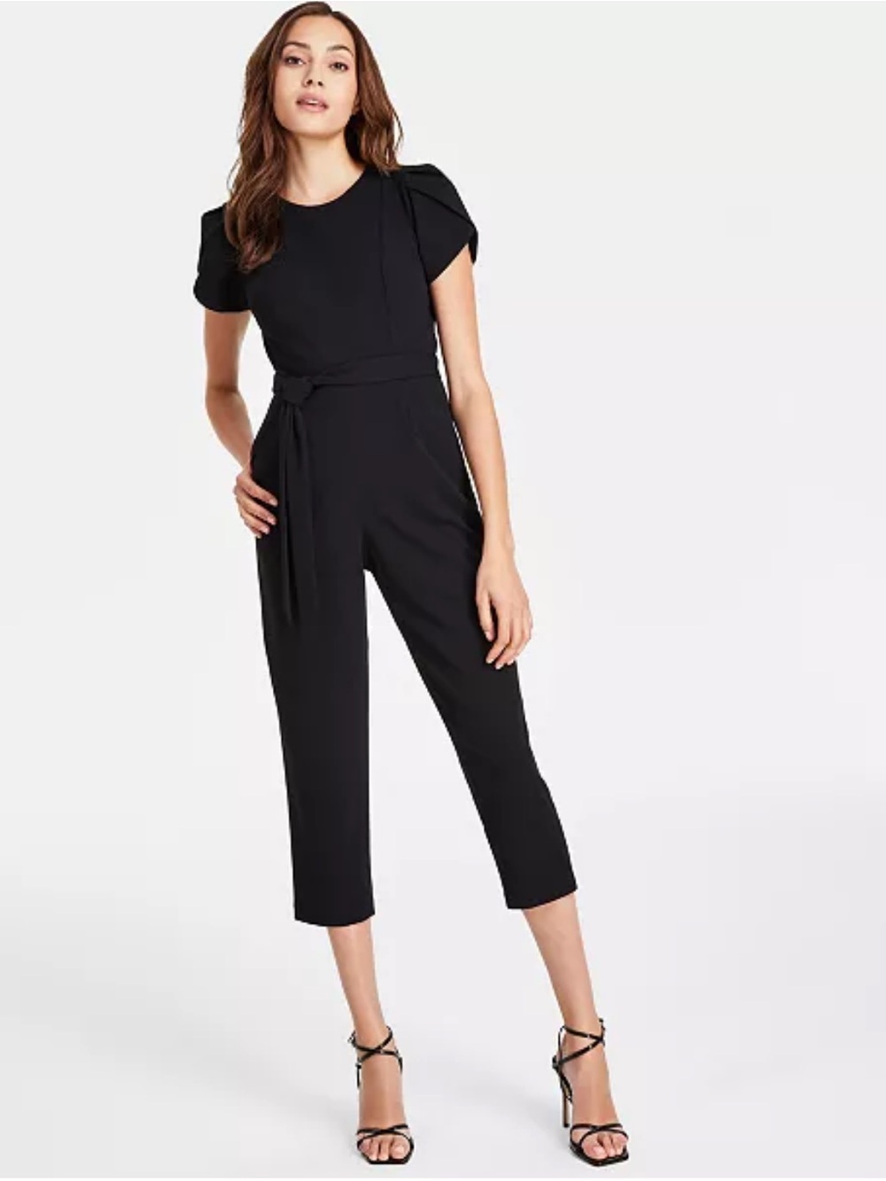 Calvin Klein Women's Black Tie-Waist Tulip-Sleeve Jumpsuit